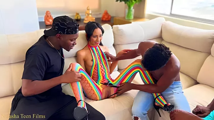 Skinny and three blacks check the depth of the point in a group anal 