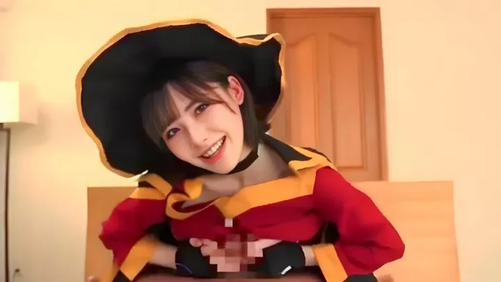 A Japanese woman in a Mexican hat sucks and jerks off her dick 
