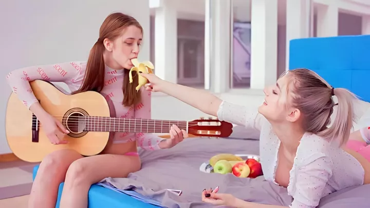 Russian bitches fuck after playing guitar: lesbians cum together 